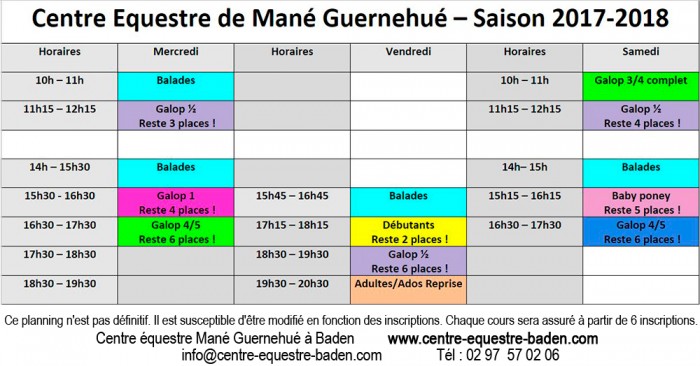 Planning des cours d'équitation au Centre équestre de Baden Morbihan