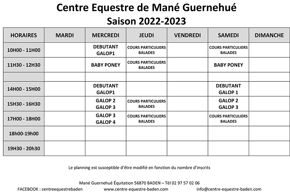 Planning provisoire cours d'équitation au centre équestre de Baden